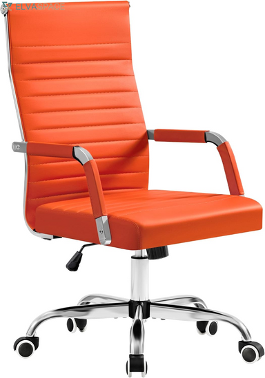 Ergonomic Office Desk Chair, Executive Ribbed Mid-Back PU Leather Conference Room Chair Adjustable Swivel Chair with Arms (1, Orange)