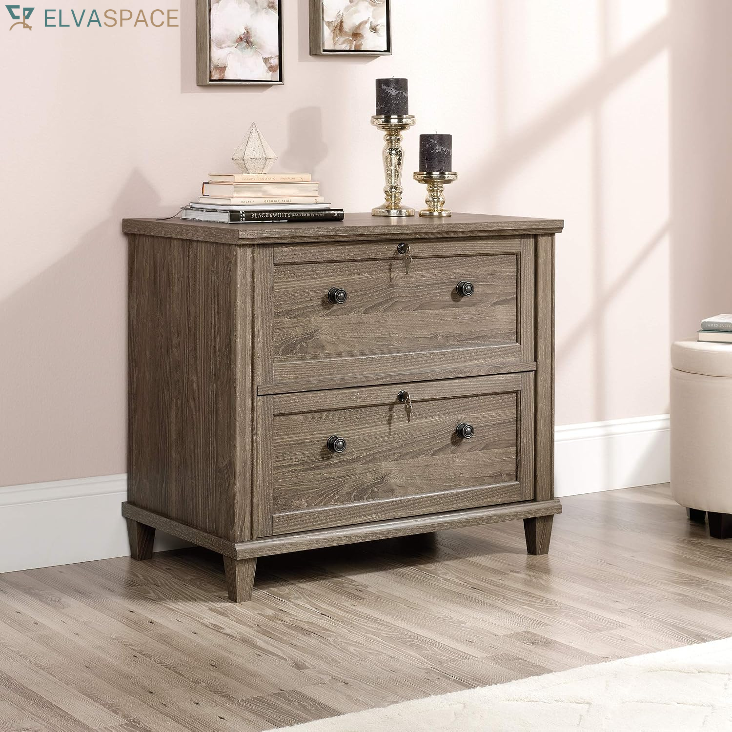 Hammond 2 Drawer Lateral File Cabinet for Home Office, Filing Cabinet with Lock, in Emery Oak
