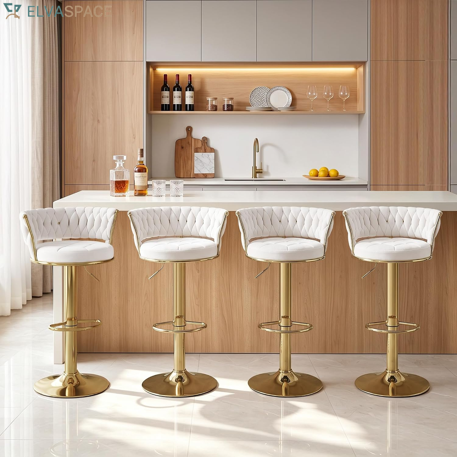 Bar Stools Set of 2, Adjustable Barstools Counter Height Stools with Back and Arm, Velvet Woven Kitchen Island Stools W/Gold Metal Leg & Base, 360° Swivel Bar Chair for Pubs Dining Room, White