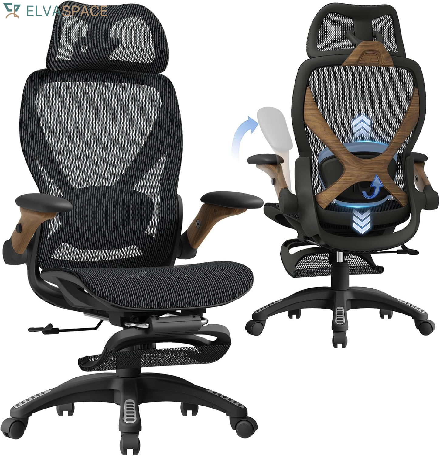 X100 Ergonomic Office Chair with Footrest, Big and Tall Home Desk Chair with 5D Flip-Up Arms, Adjustable 3D Lumbar Support,High Back Rolling Computer Chair, Swivel Mesh Chairs
