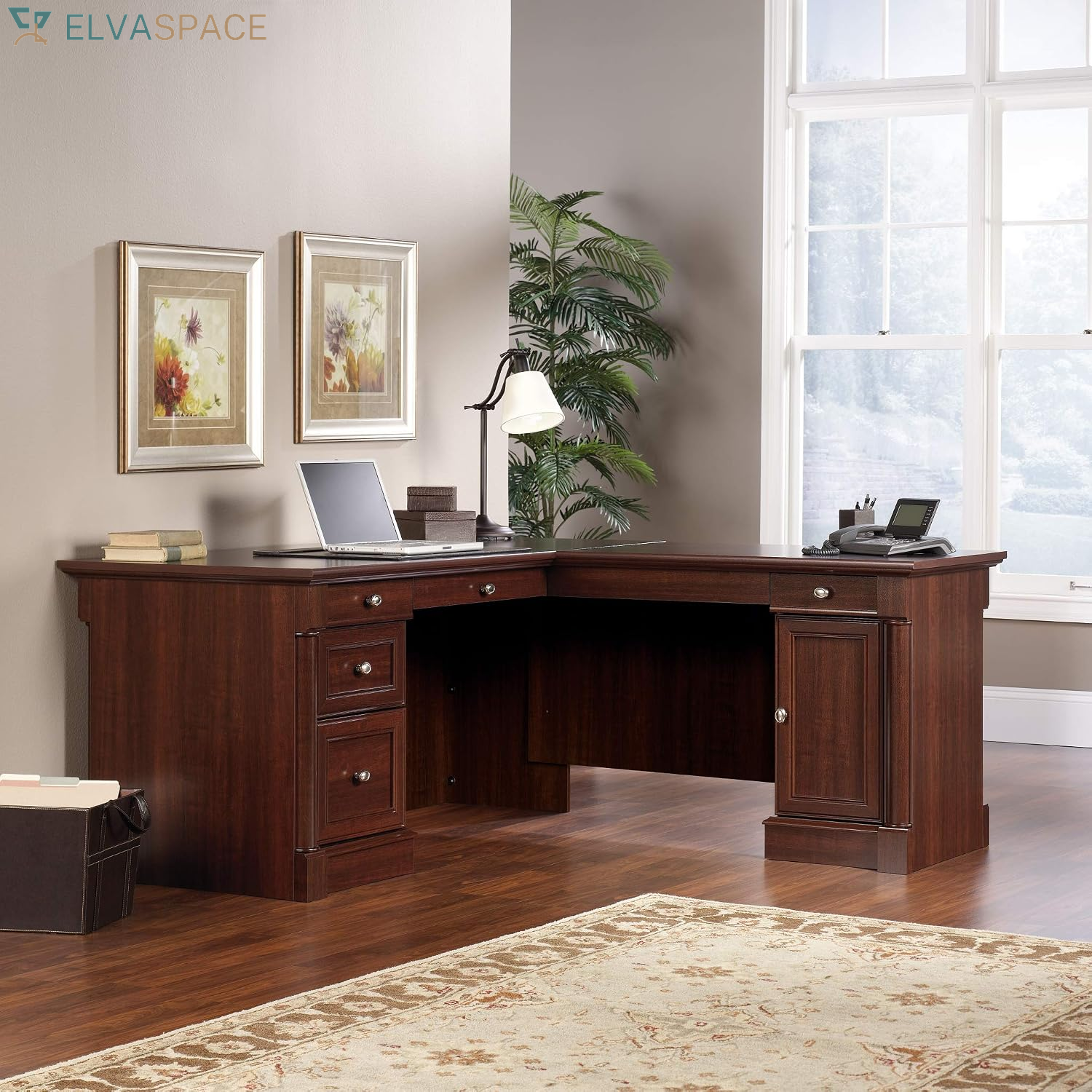 Palladia L Shaped Desk with Drawers, Office Desk with File Cabinet Storage, Cable Management, Keyboard Tray, in Select Cherry Finish