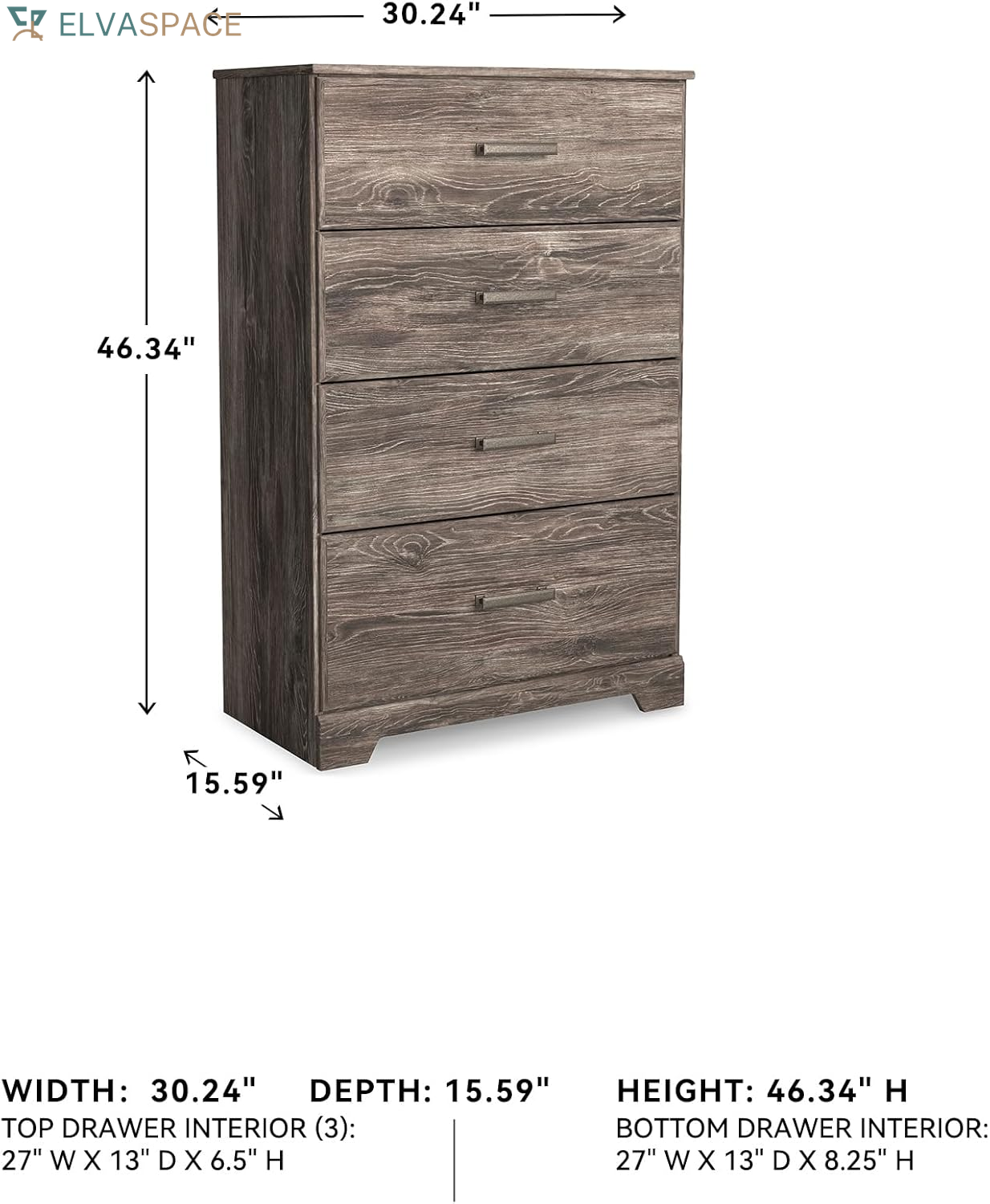 Signature Design by Ashley Ralinksi Tall Dresser, Chest with Four Smooth-Gliding Drawers, Wood with Oak-Grain Look, Bedroom Storage Furniture, Warm Gray Finish