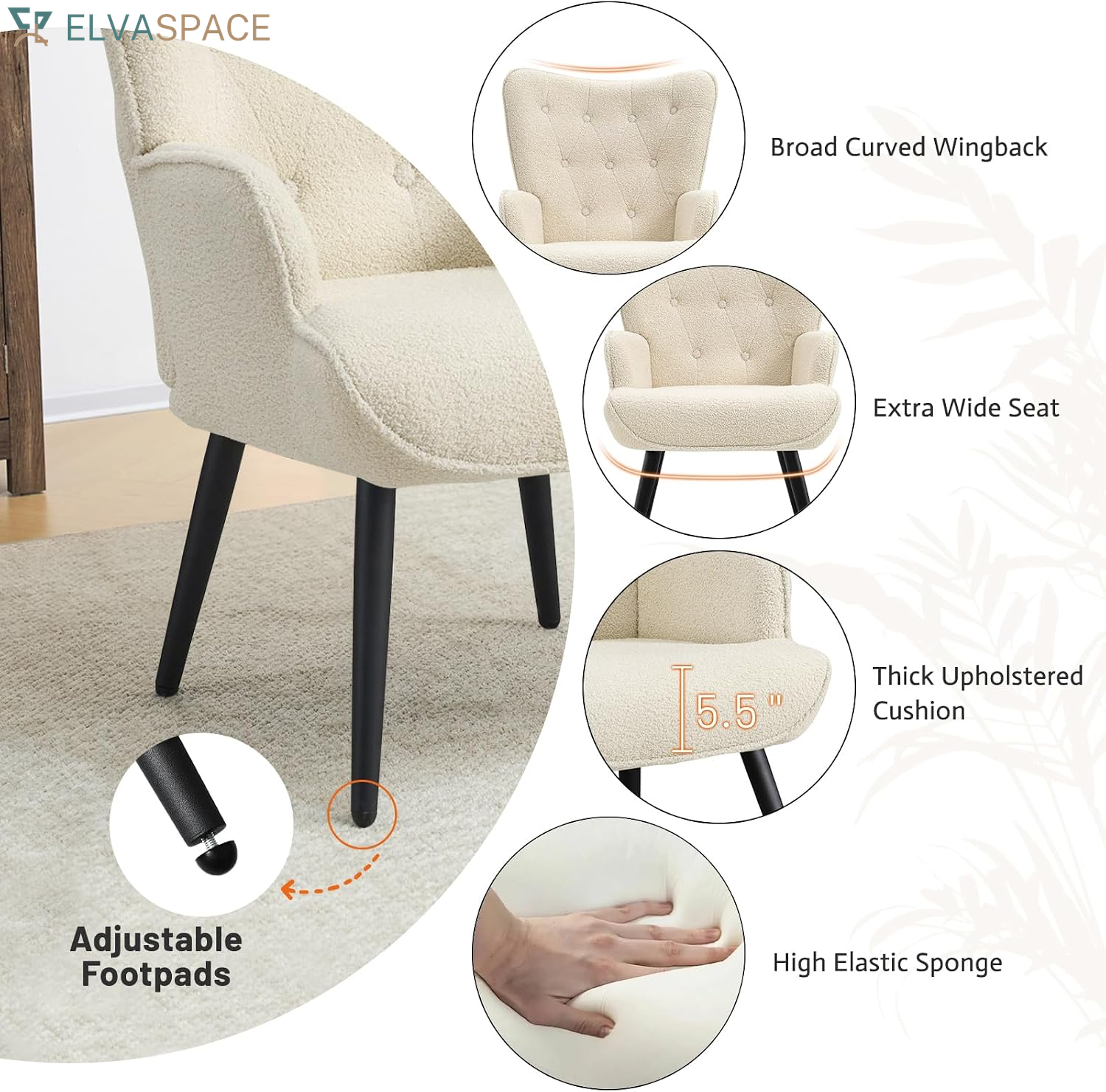 Boucle Accent Chair for Living Room, Upholstered Reading Chair with High Backrest, Tufted-Button Wingback Armchair for Bedroom, Dressing Room, Home Office, Ivory White