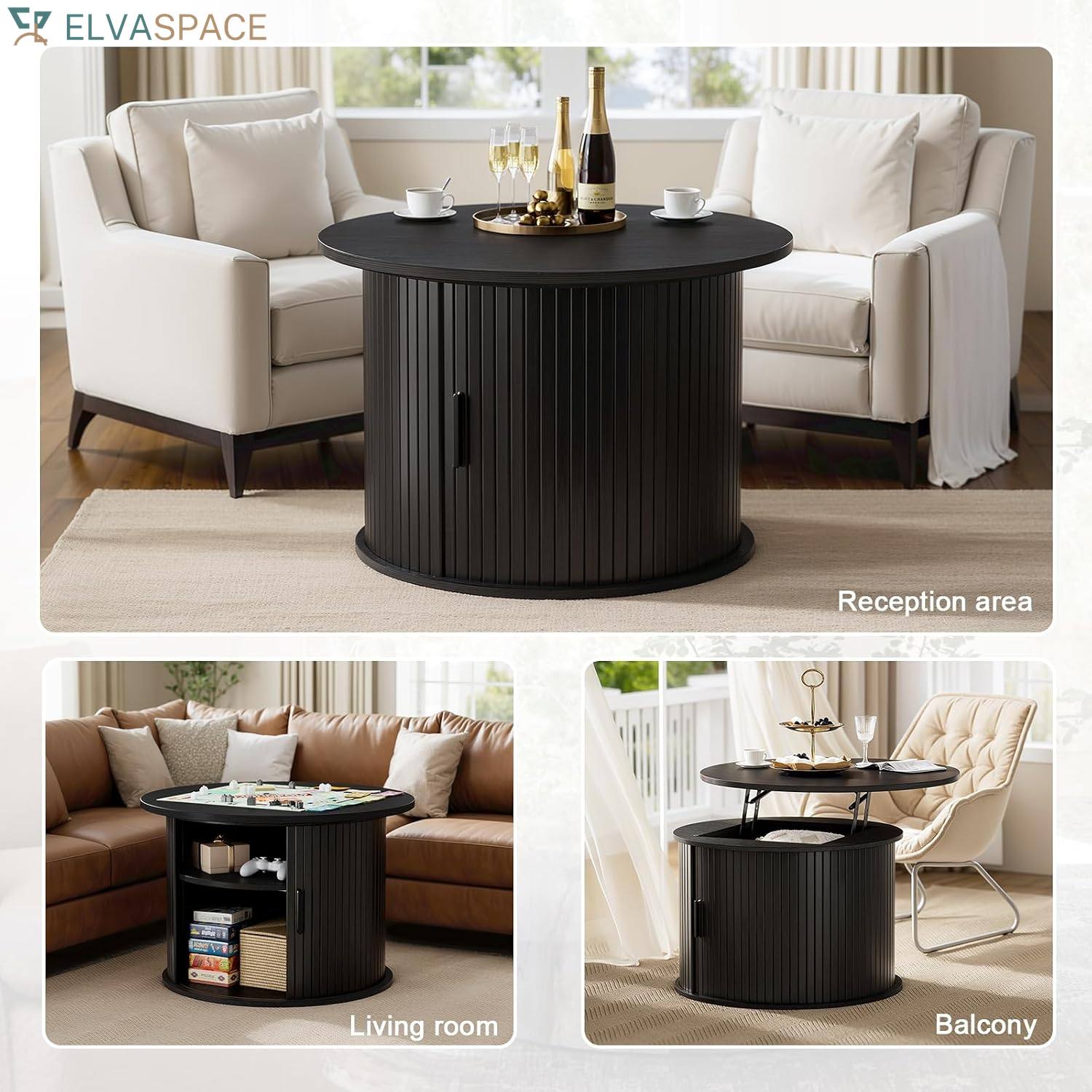 round Lift Top Coffee Table Fluted Drum Table Sliding Door, Black | Small Coffee Table with Fluted Sliding Door, Hidden Storage, Open Shelves, Small Center Table Dining Table for Living Room