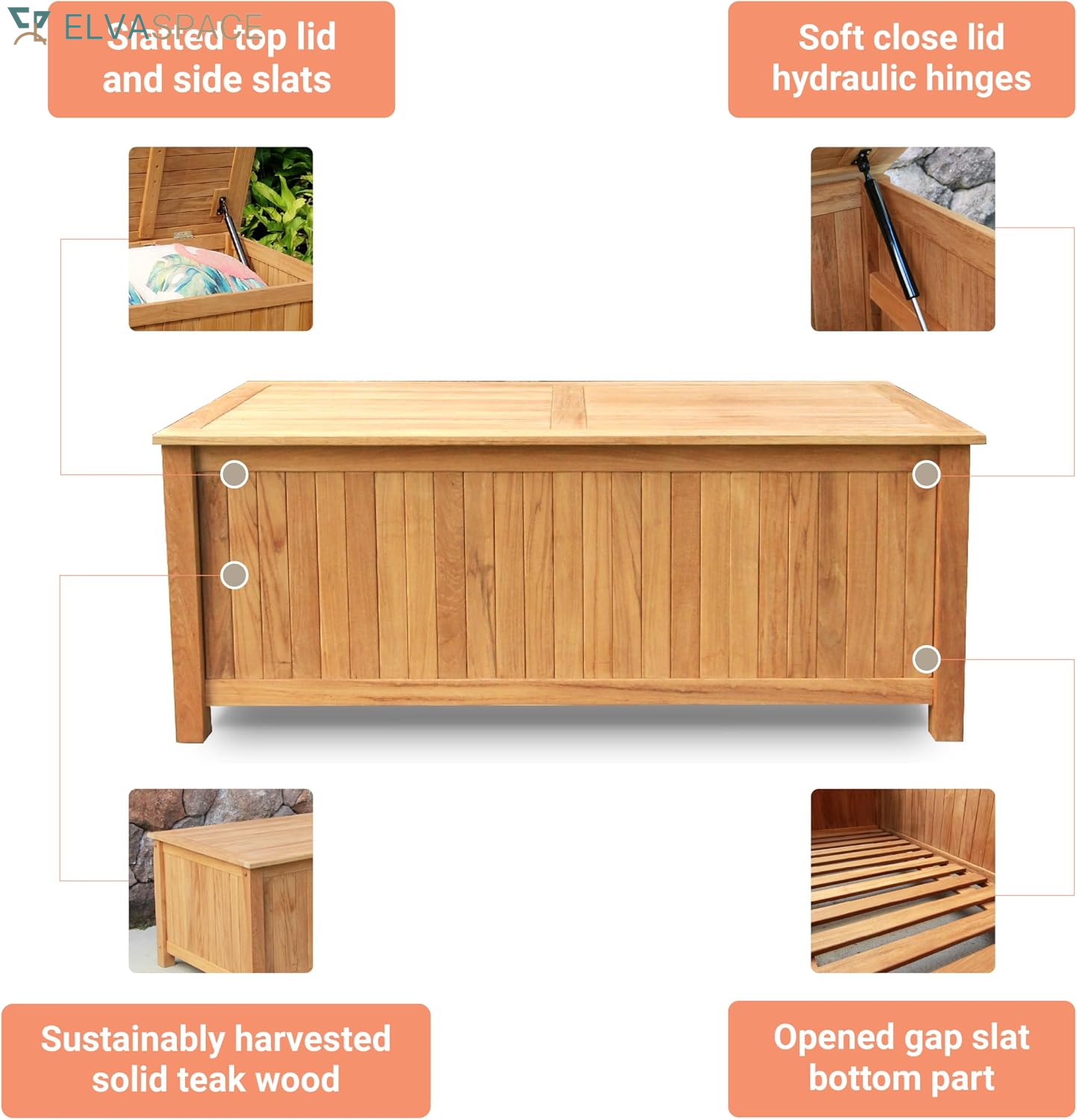 Arie 60-Inch Teak Outdoor Deck Storage Box Chest, Weather-Resistant Patio Organizer with Soft-Close Lid for Pool, Garden & Backyard, 119 Gallons Outdoor Storage Box