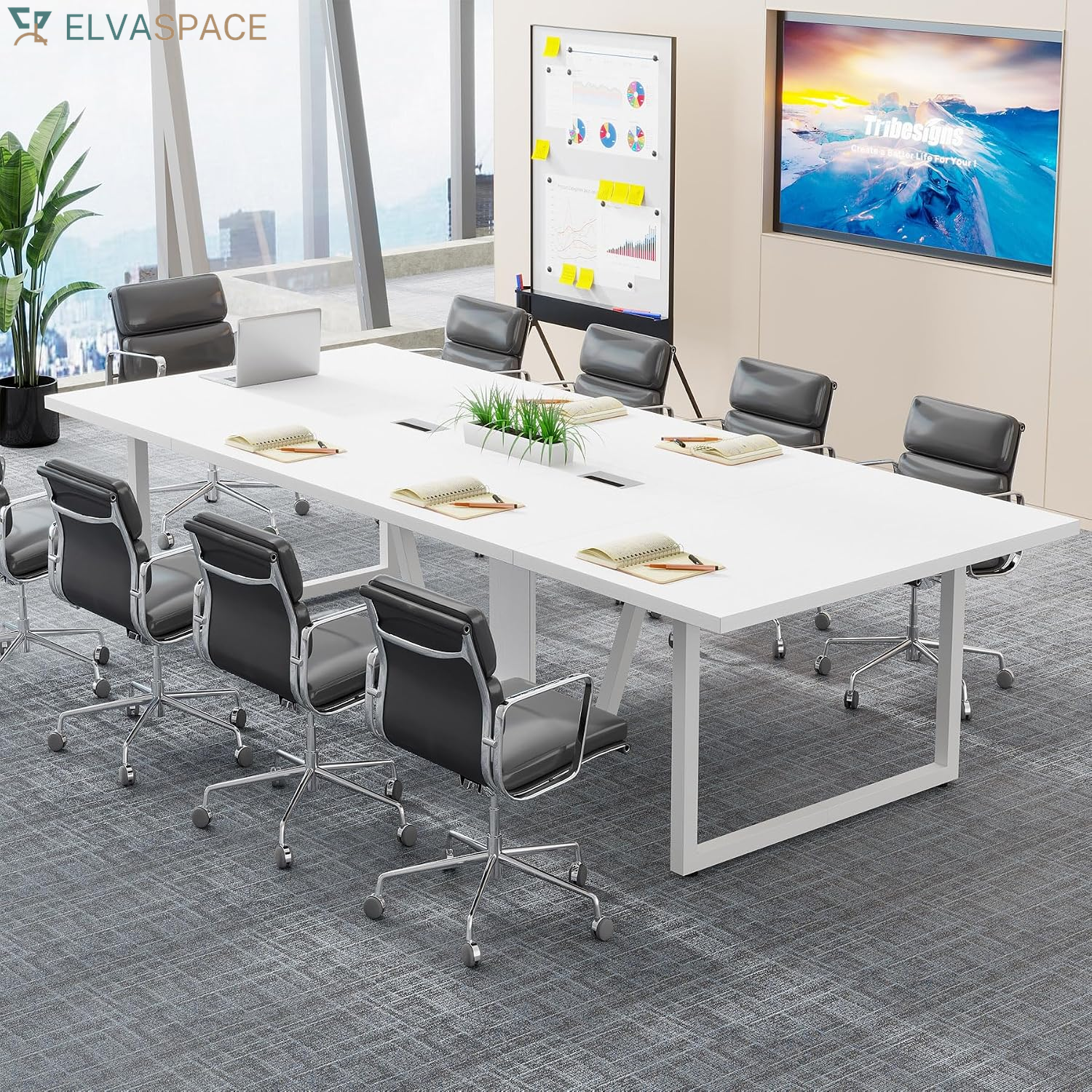 Tribesigns 8FT Conference Table, 94.49 L X 47.24 W X 29.53 H Inches Large Meeting Podcast Table for 10 People, Business Style Wooden Training Table with Strong Metal Frame for Office Conference