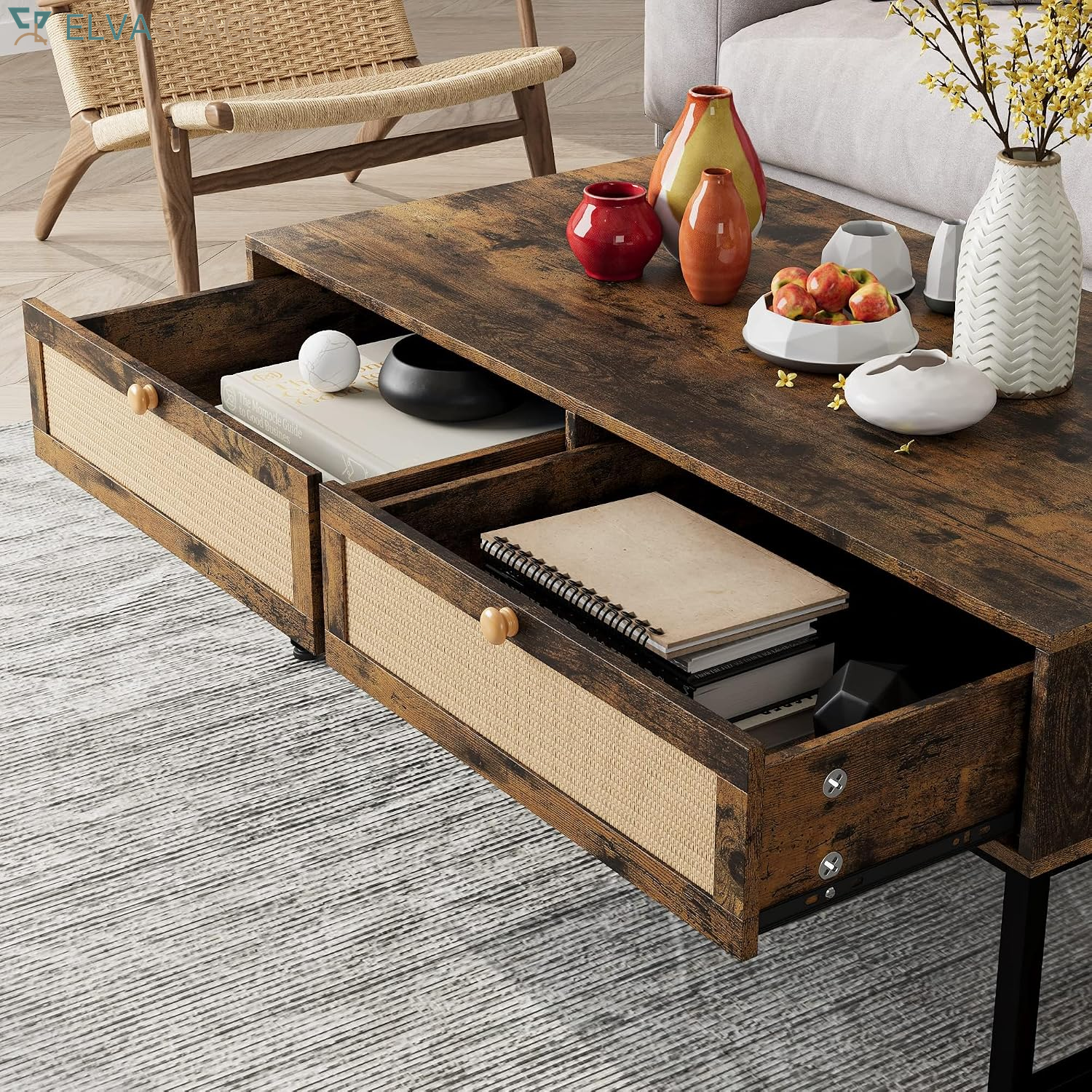 46" Rattan Coffee Table with Metal Frame, Center Rectangular Tables with 2 Drawers, Wooden Small Media Table for Home Living Room, Brown