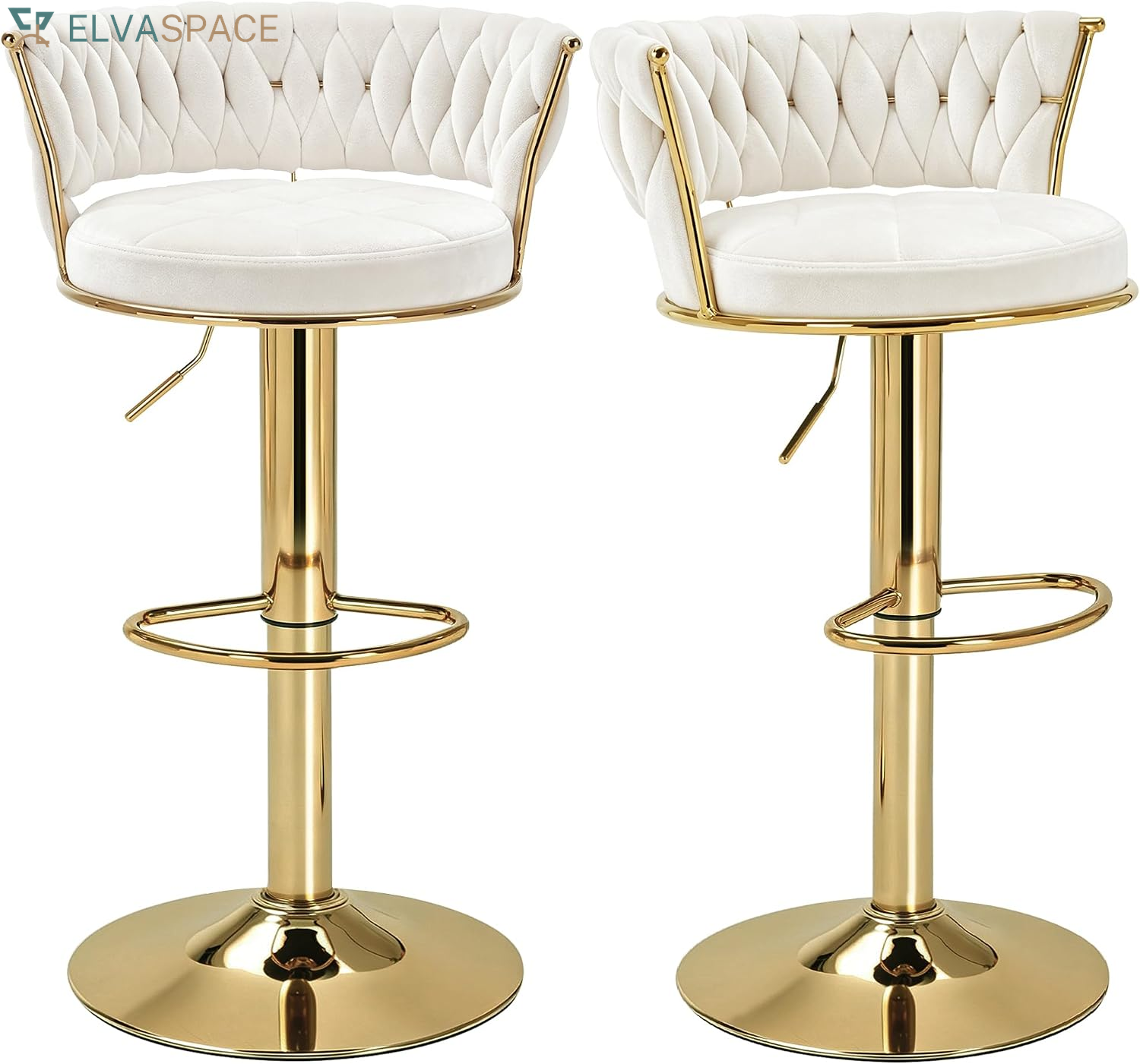 Bar Stools Set of 2, Adjustable Barstools Counter Height Stools with Back and Arm, Velvet Woven Kitchen Island Stools W/Gold Metal Leg & Base, 360° Swivel Bar Chair for Pubs Dining Room, White