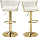 Bar Stools Set of 2, Adjustable Barstools Counter Height Stools with Back and Arm, Velvet Woven Kitchen Island Stools W/Gold Metal Leg & Base, 360° Swivel Bar Chair for Pubs Dining Room, White
