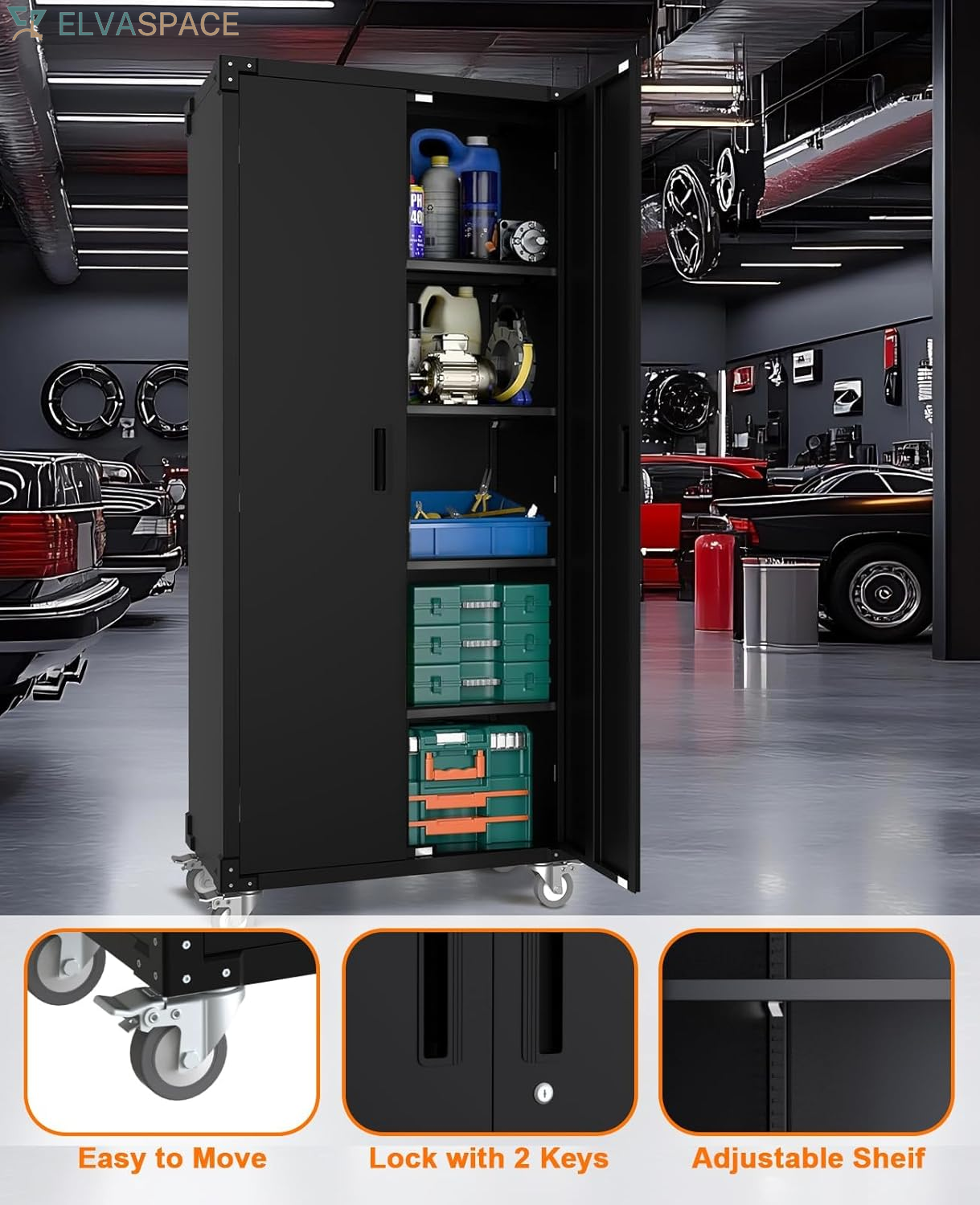 Storage Metal Cabinet 71" with Doors and 4 Shelves Adjustable Adjustable Feet and Lock Tall Storage Cabinet for Pantry Garage Craft Bedroom Office Shop
