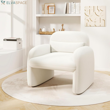 Modern Accent Chair for Living Room, Sherpa Fabric Upholstered Armchair W/Waist Pillow, Comfy Reading Chair W/Armrests, Small Single Sofa for Bedroom, Reception, Apartment, Office, White