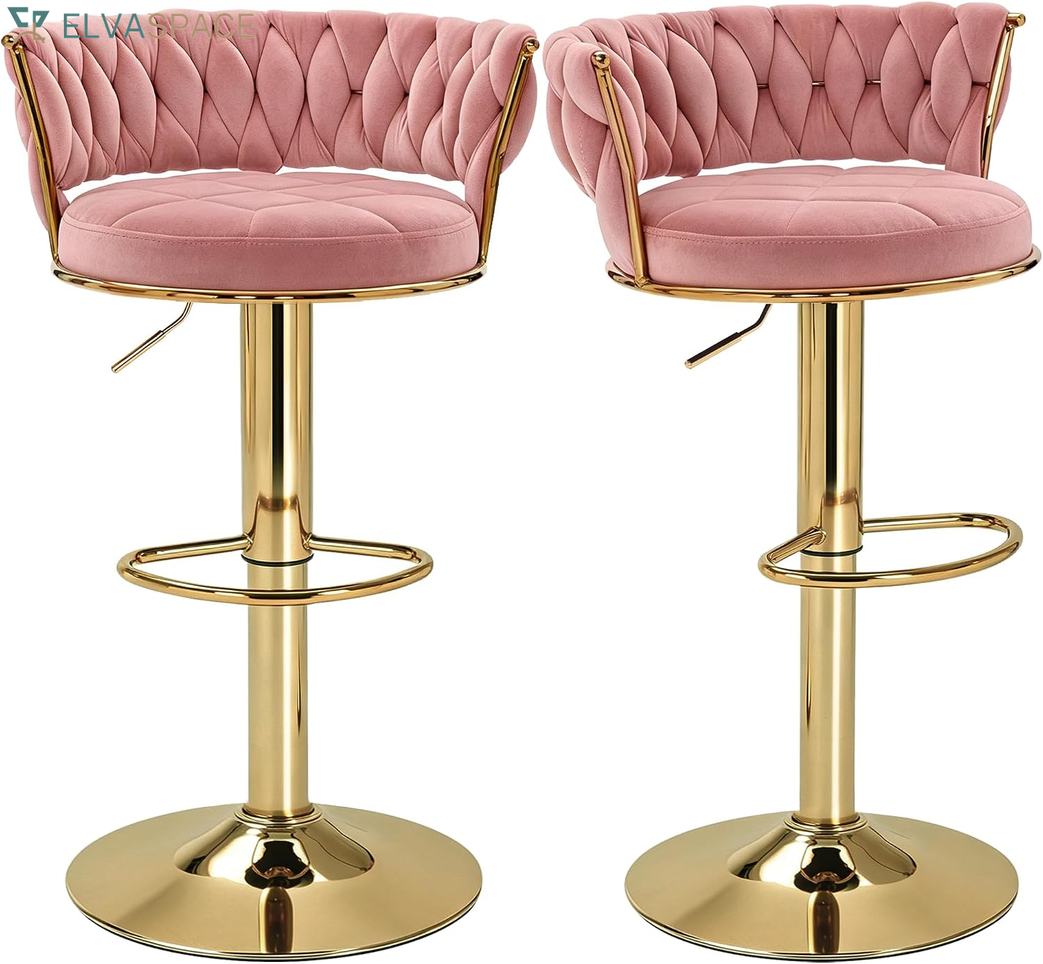 Bar Stools Set of 2, Adjustable Barstools Counter Height Stools with Back and Arm, Velvet Woven Kitchen Island Stools W/Gold Metal Leg & Base, 360° Swivel Bar Chair for Pubs Dining Room, White