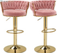 Bar Stools Set of 2, Adjustable Barstools Counter Height Stools with Back and Arm, Velvet Woven Kitchen Island Stools W/Gold Metal Leg & Base, 360° Swivel Bar Chair for Pubs Dining Room, White