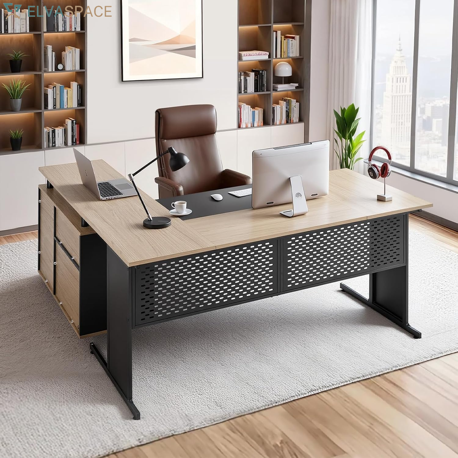 71" L-Shaped Executive Desk, Large Computer Desk with Drawers, File Storage Cabinet, CPU Stand, 350 LBS Load Capacity Corner Table, Easy Assembly, for Work Study