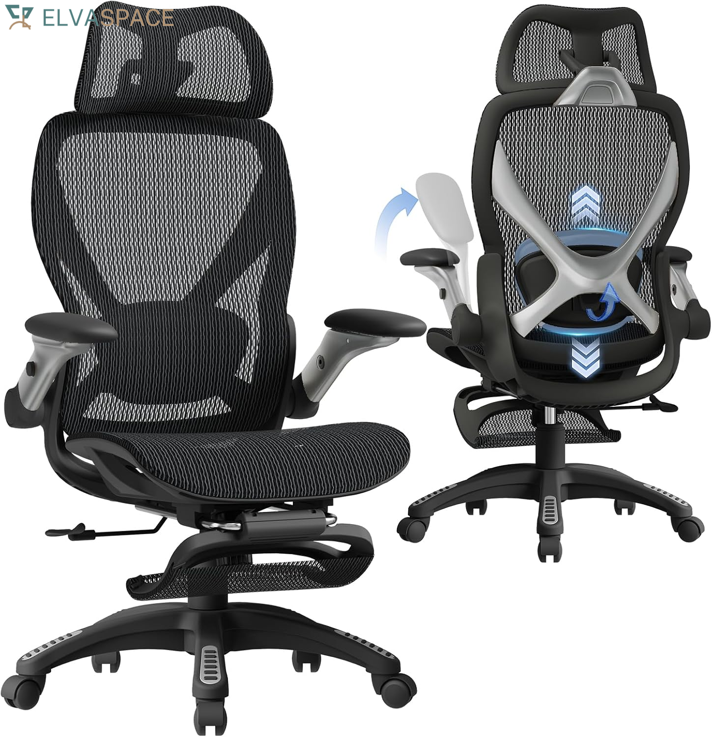 X100 Ergonomic Office Chair with Footrest, Big and Tall Home Desk Chair with 5D Flip-Up Arms, Adjustable 3D Lumbar Support,High Back Rolling Computer Chair, Swivel Mesh Chairs
