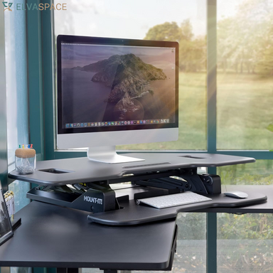 Corner Standing Desk Converter | Height Adjustable 43” Wide Desktop | Corner Stand up Desk with Gas Spring Handle | Stand up Computer Workstation with Ergonomic Keyboard Tray | Black