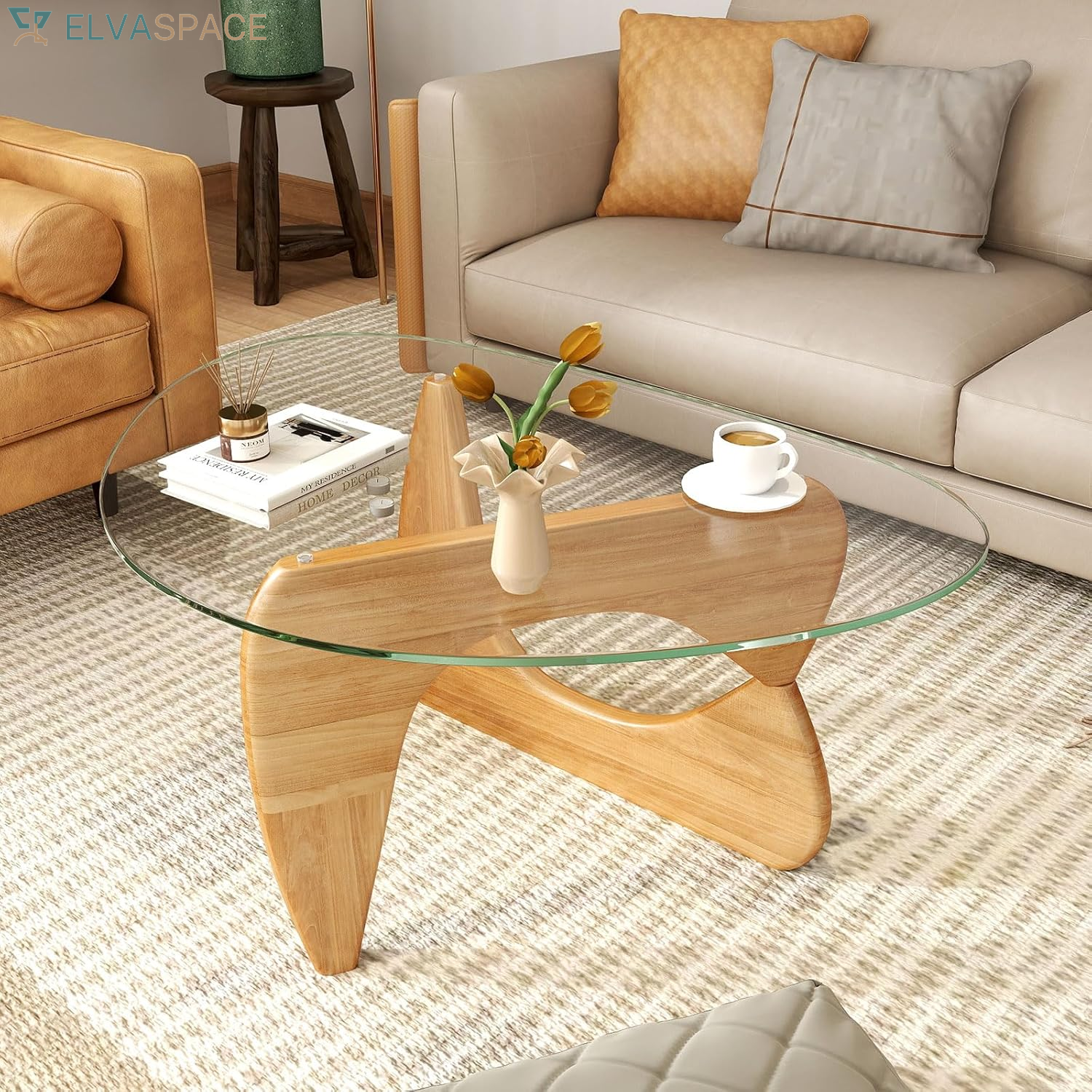 Triangle Glass Coffee Table, Mid-Century Modern Center Table with Tempered Glass Top & Adjustable Rubber Wood Base, Small Coffee Table for Small Spaces, Living Room & Reception Room (Natural)