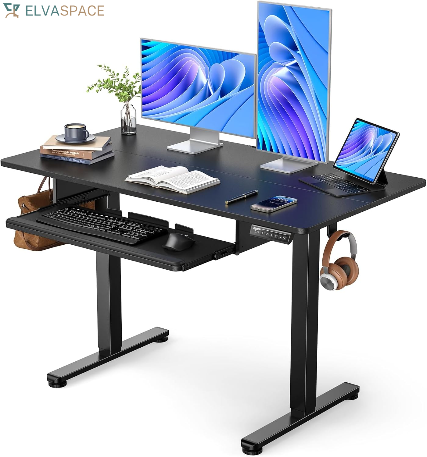 Electric Standing Desk with Keyboard Tray, 44X24, Vintage Brown