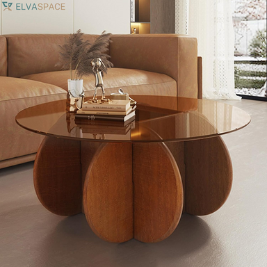 Modern round Coffee Table with Solid Wood Legs,31.5'' Glass Coffee Tables for Living Room Rustic Circle Center Cocktail Table with Tempered Glass-Top,For Small Spaces, Unique | Modern