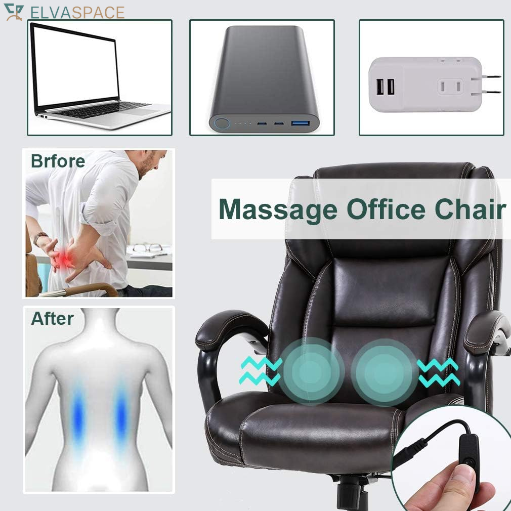 Big and Tall Office Chair 500Lb Wide Seat Massage Desk Chair Ergonomic Computer Chair with Headrest Lumbar Support Armrest Rolling Swivel Chair Adjustable PU Leather Task Chair for Adults Women(Brown)