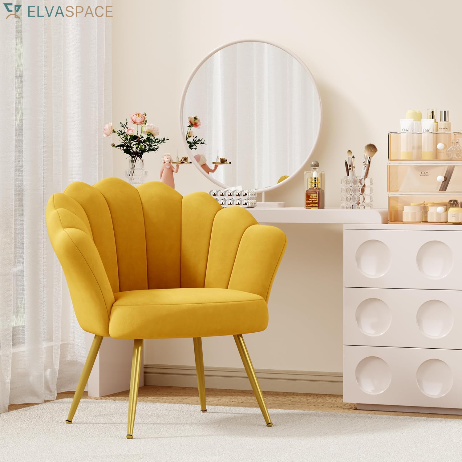 Mid Century Velvet Living Room Chair Set of 2 Accent Chairs, Upholstered Vanity Chair for Makeup Room, Modern Barrel Arm Guest Leisure Chair Comfy for Bedroom-Yellow