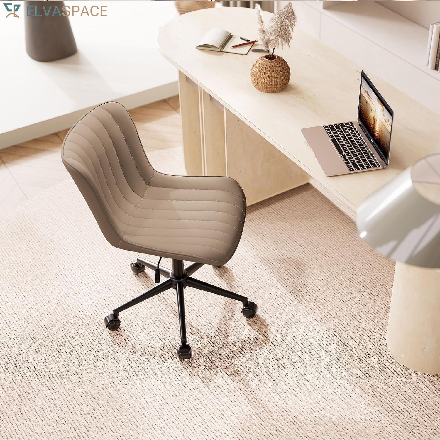 Green Office Desk Chair with Wheels Armless Vanity Chair Modern | Faux Leather Upholstered with Rocking Back, Swivel Height Adjustable Small Cute Computer Rolling Task Chair Ergonomic 300Lb