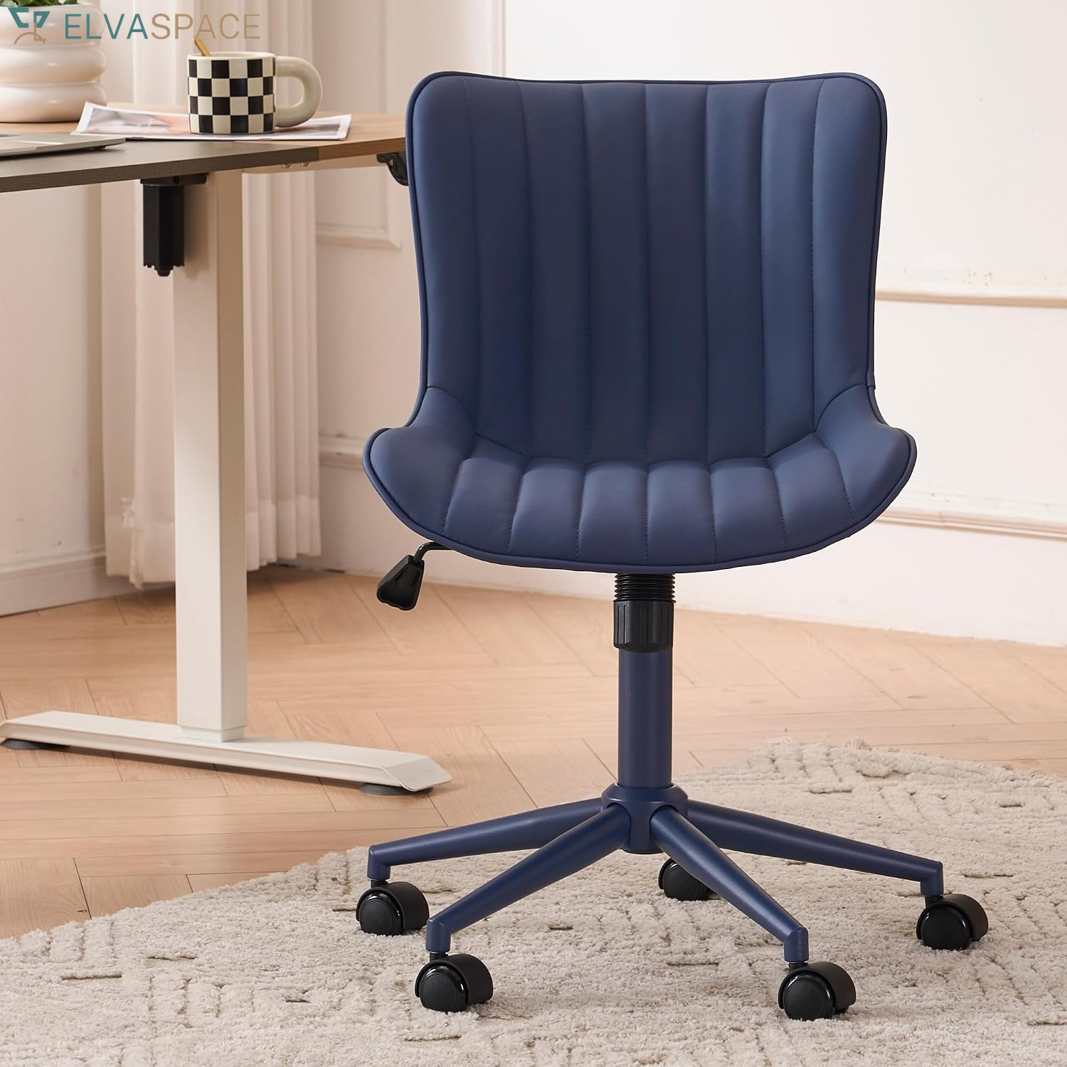 Green Office Desk Chair with Wheels Armless Vanity Chair Modern | Faux Leather Upholstered with Rocking Back, Swivel Height Adjustable Small Cute Computer Rolling Task Chair Ergonomic 300Lb