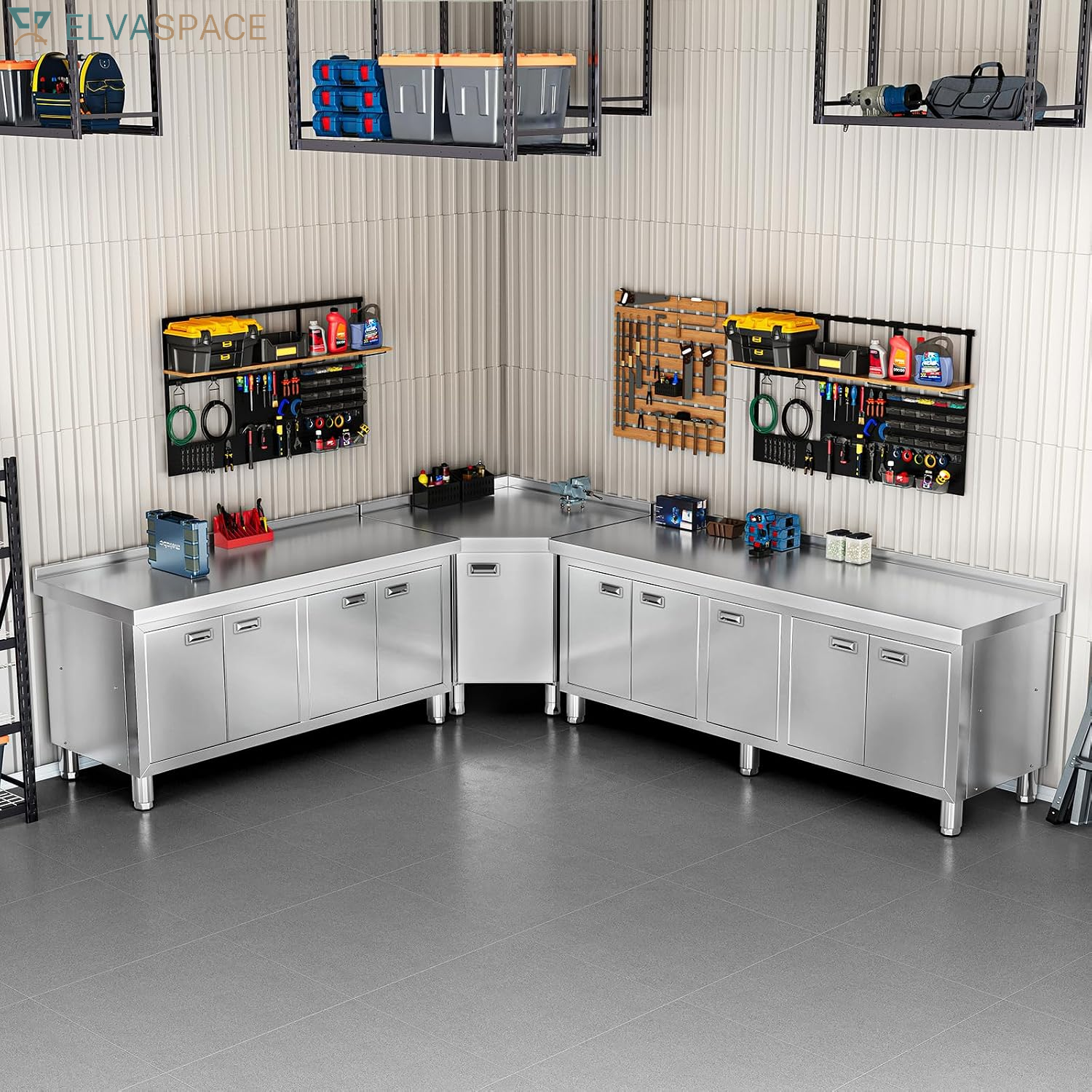 59" X 21" Stainless Steel Prep Table with Cabinet, Commercial Kitchen Table for Prep & Work, Heavy Duty Work Table with 4 Doors for Kitchen, Restaurant, Hotel, Garage and Cafe