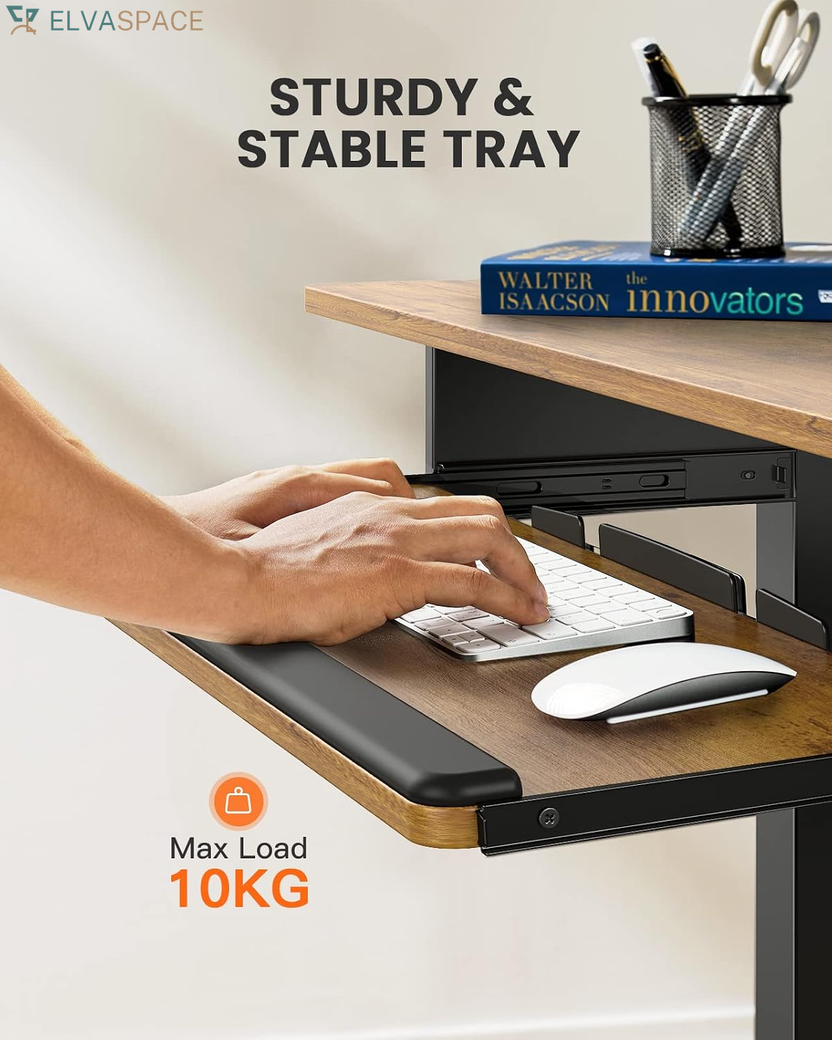 Electric Standing Desk with Keyboard Tray, 44X24, Vintage Brown