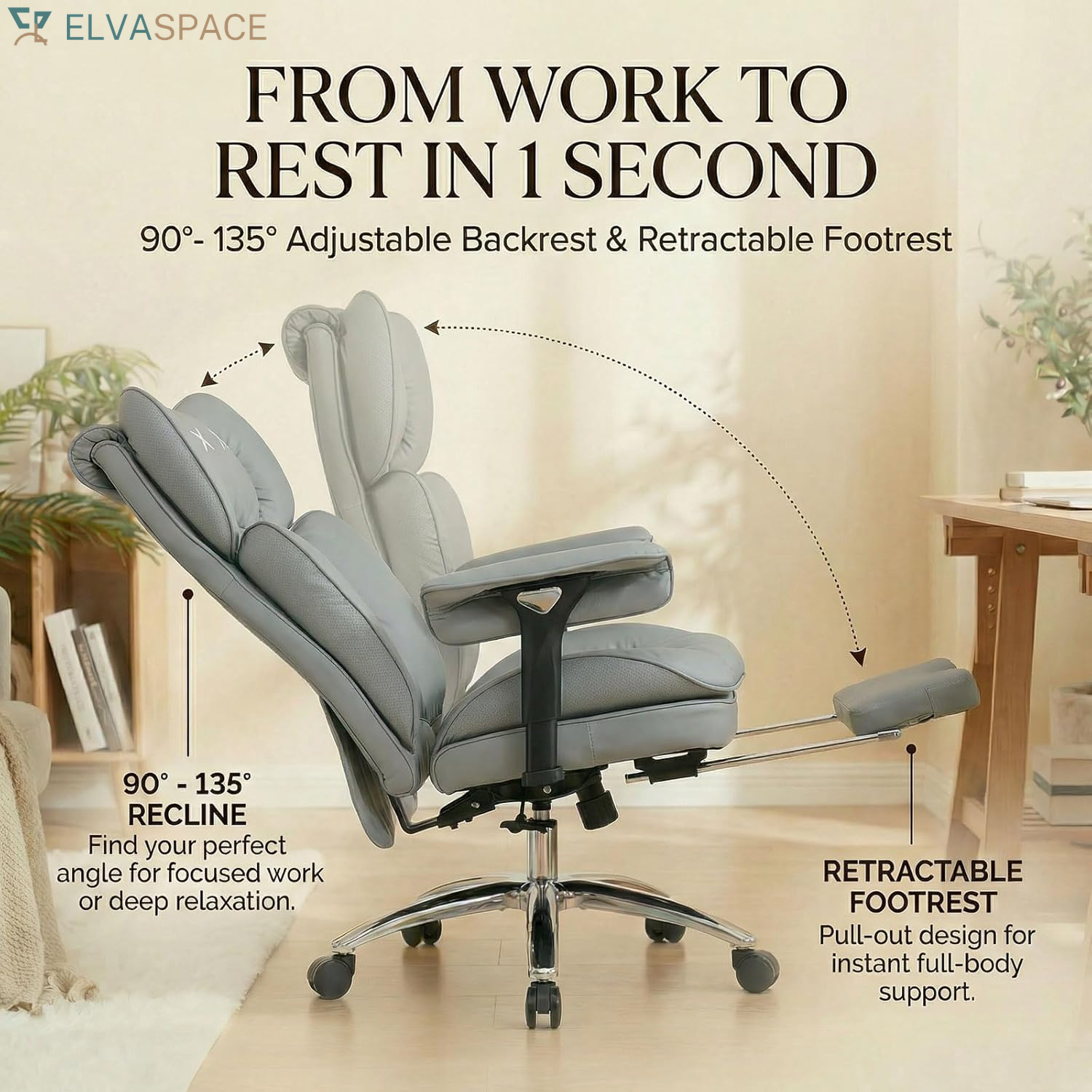 Big & Tall Desk Chair, Wide Executive Office Chair with Footrest Grey