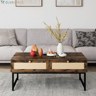 46" Rattan Coffee Table with Metal Frame, Center Rectangular Tables with 2 Drawers, Wooden Small Media Table for Home Living Room, Brown