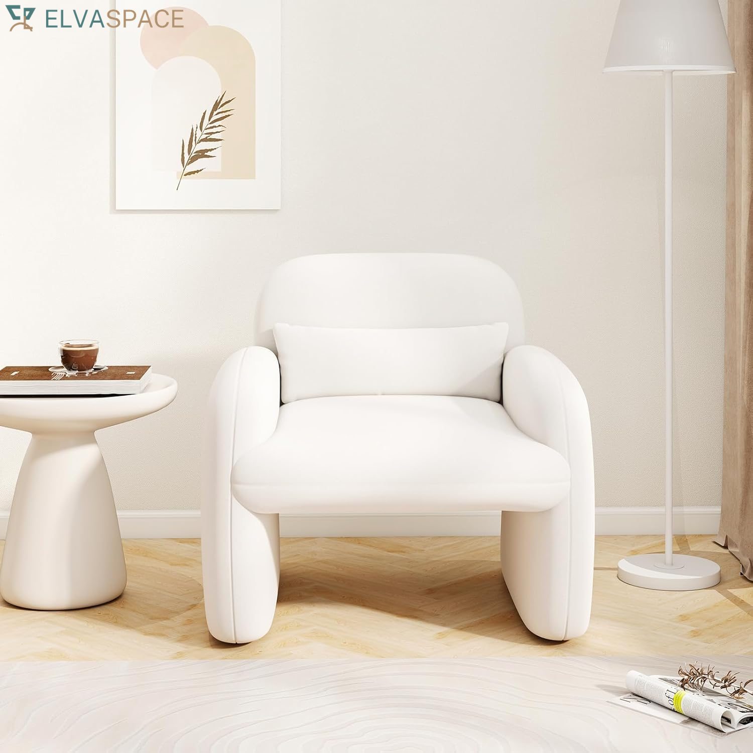 Modern Accent Chair for Living Room, Sherpa Fabric Upholstered Armchair W/Waist Pillow, Comfy Reading Chair W/Armrests, Small Single Sofa for Bedroom, Reception, Apartment, Office, White