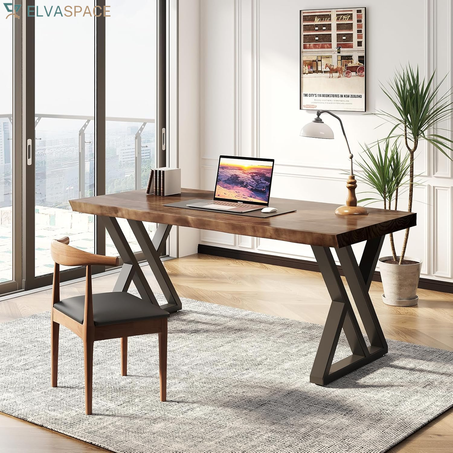 Solid Wood Desk 55 Inches, Home Office Computer Desk Wooden Rustic Writing Desk Metal Modern Simple Design Executive Real Wood Desk(Rustic Brown)