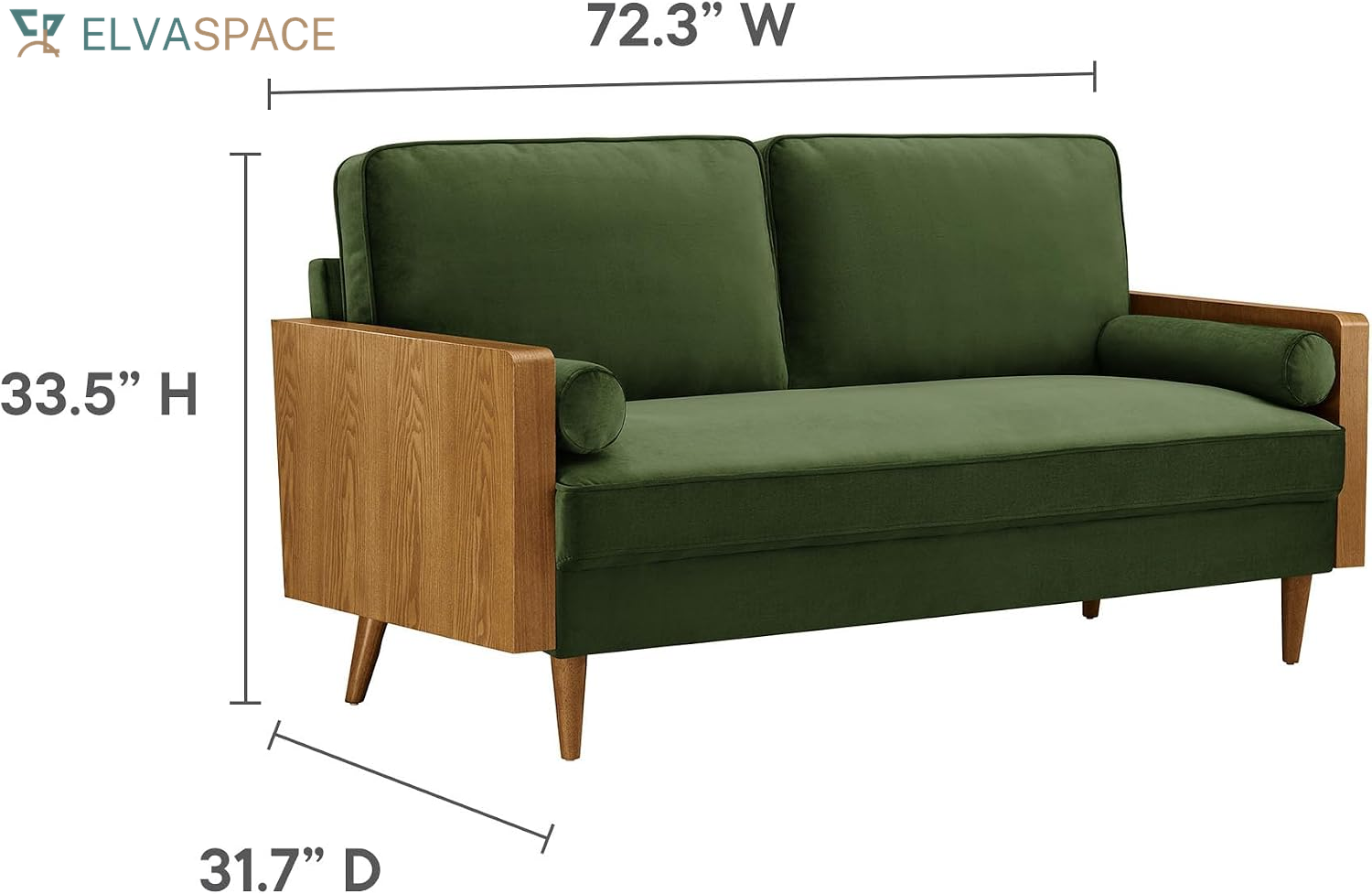 Kellan 72 Inch Velvet Sofa in Walnut Moss Green