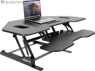Corner Standing Desk Converter | Height Adjustable 43” Wide Desktop | Corner Stand up Desk with Gas Spring Handle | Stand up Computer Workstation with Ergonomic Keyboard Tray | Black