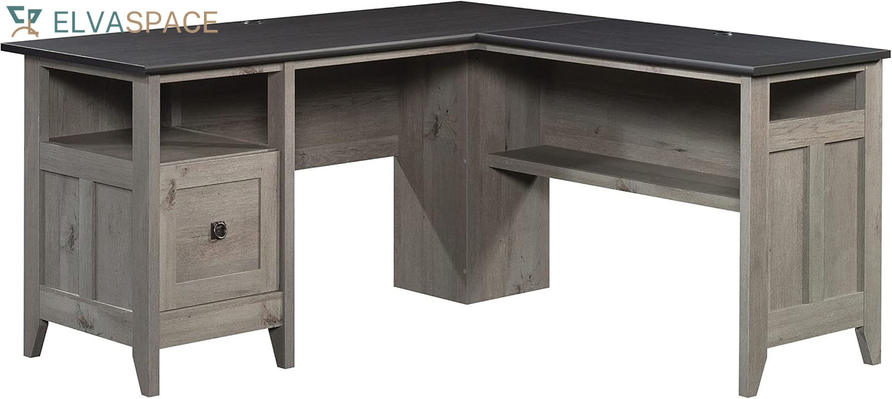 August Hill L-Shaped Corner Desk with Storage Drawer and Open Shelf for Home Office, in Dover Oak Finish
