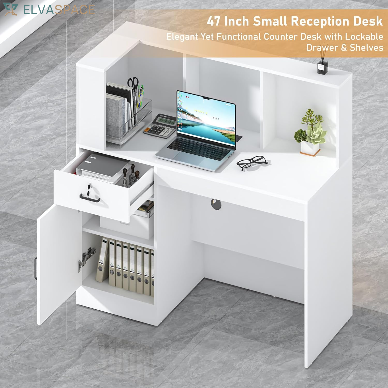 47" Reception Desk with LED Lights Power Outlets,L-Shaped Modern Front Table Reception Room Table with Cable Grommet,Lockable Drawers,Retail Checkout Counter for Lobby,Salon,Home Office Desk,White