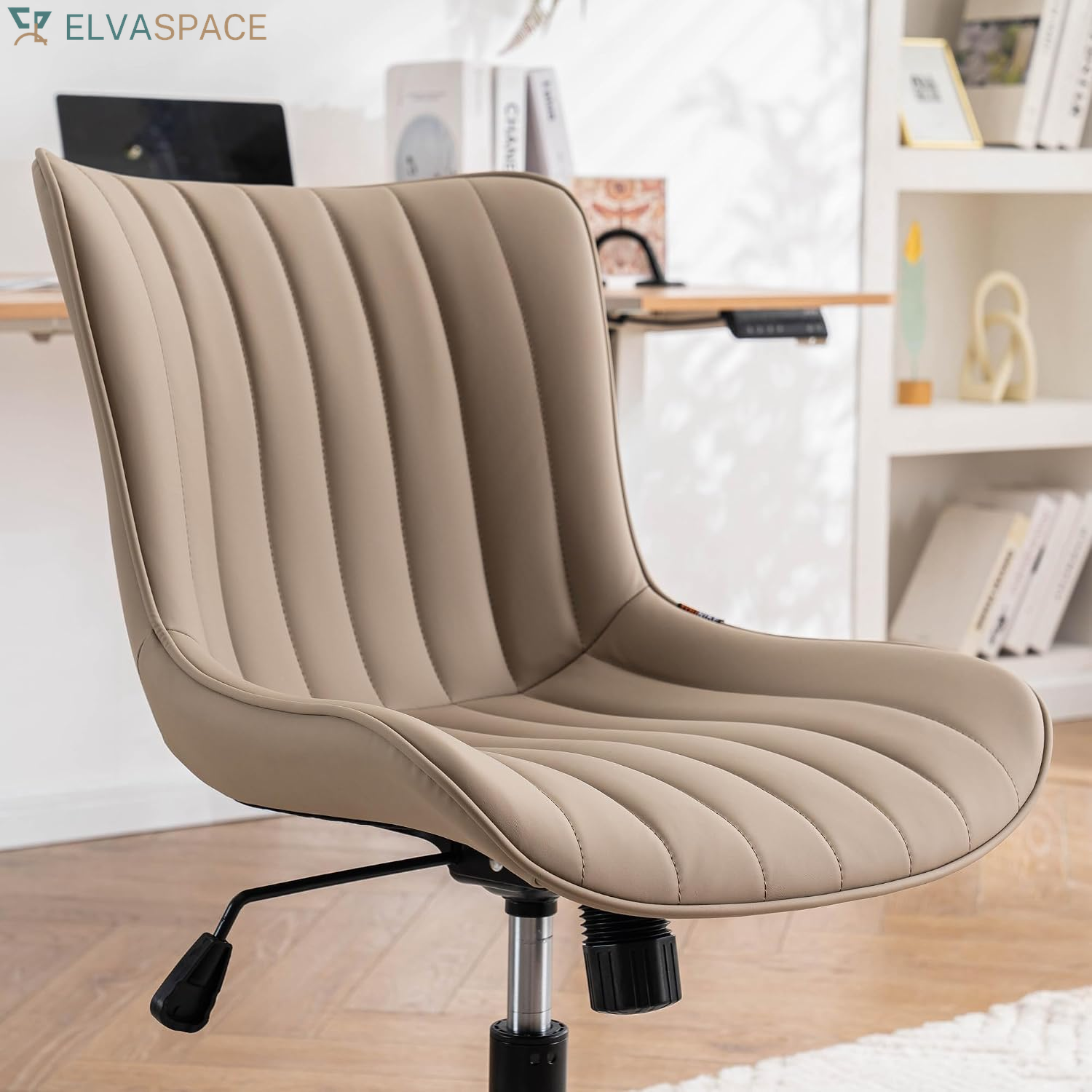 Green Office Desk Chair with Wheels Armless Vanity Chair Modern | Faux Leather Upholstered with Rocking Back, Swivel Height Adjustable Small Cute Computer Rolling Task Chair Ergonomic 300Lb