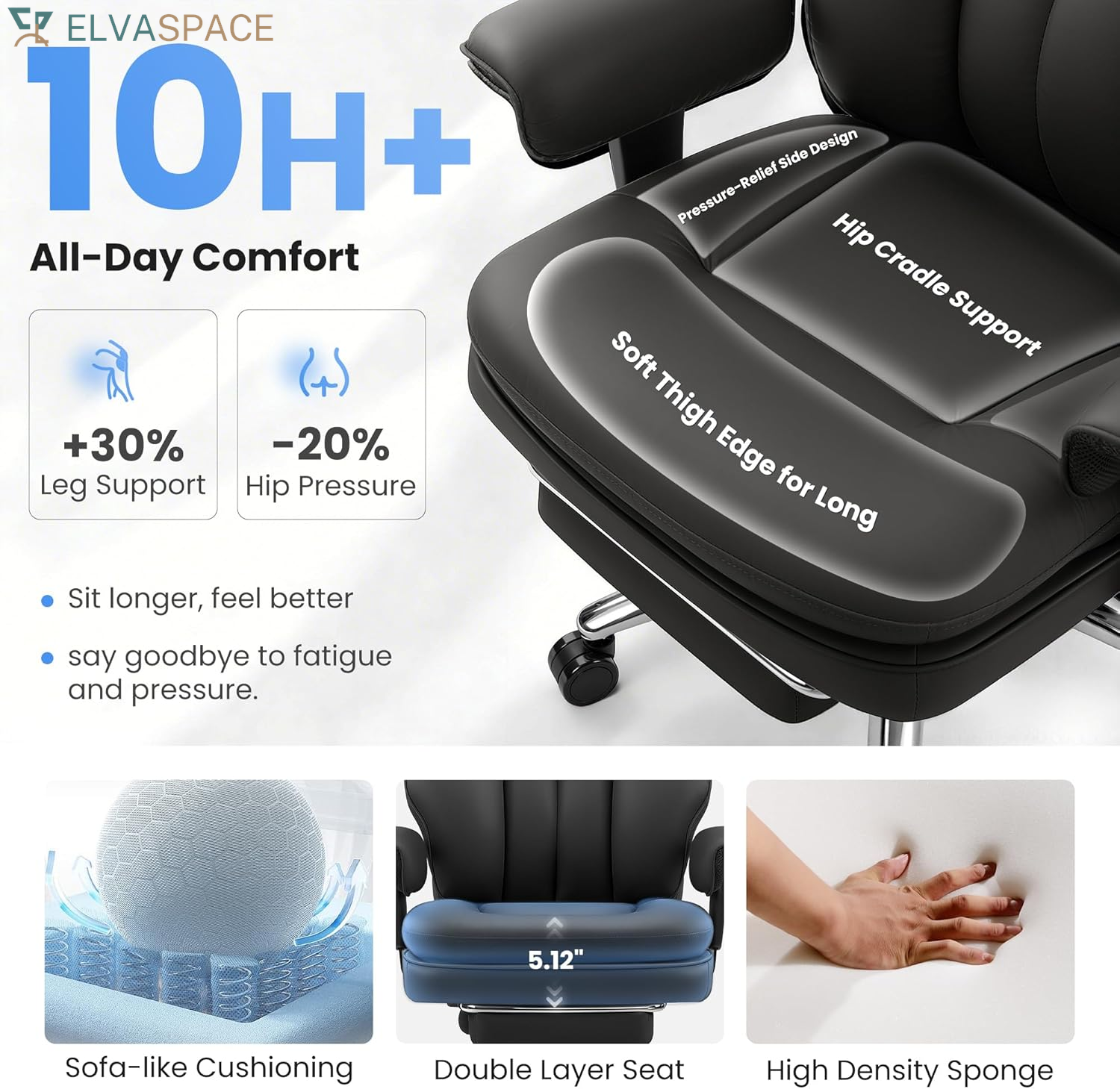 Big and Tall Office Chair with Lumbar Support, Executive Leather Computer Desk Chair, Heavy Duty Comfortable Gaming Chair with Double Layer Cushion & Footrest for Home Office Gaming