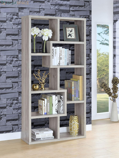 Coaster Home Furnishings - Theo - Wood - Geometric Bookshelf with Open Cubbies and Six Staggered Shelves - Home Office - 71-Inch - Gray Driftwood - 801137