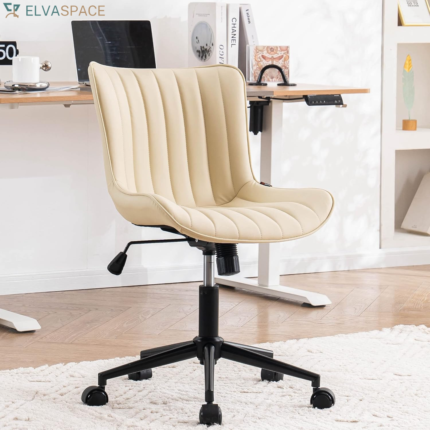 Green Office Desk Chair with Wheels Armless Vanity Chair Modern | Faux Leather Upholstered with Rocking Back, Swivel Height Adjustable Small Cute Computer Rolling Task Chair Ergonomic 300Lb