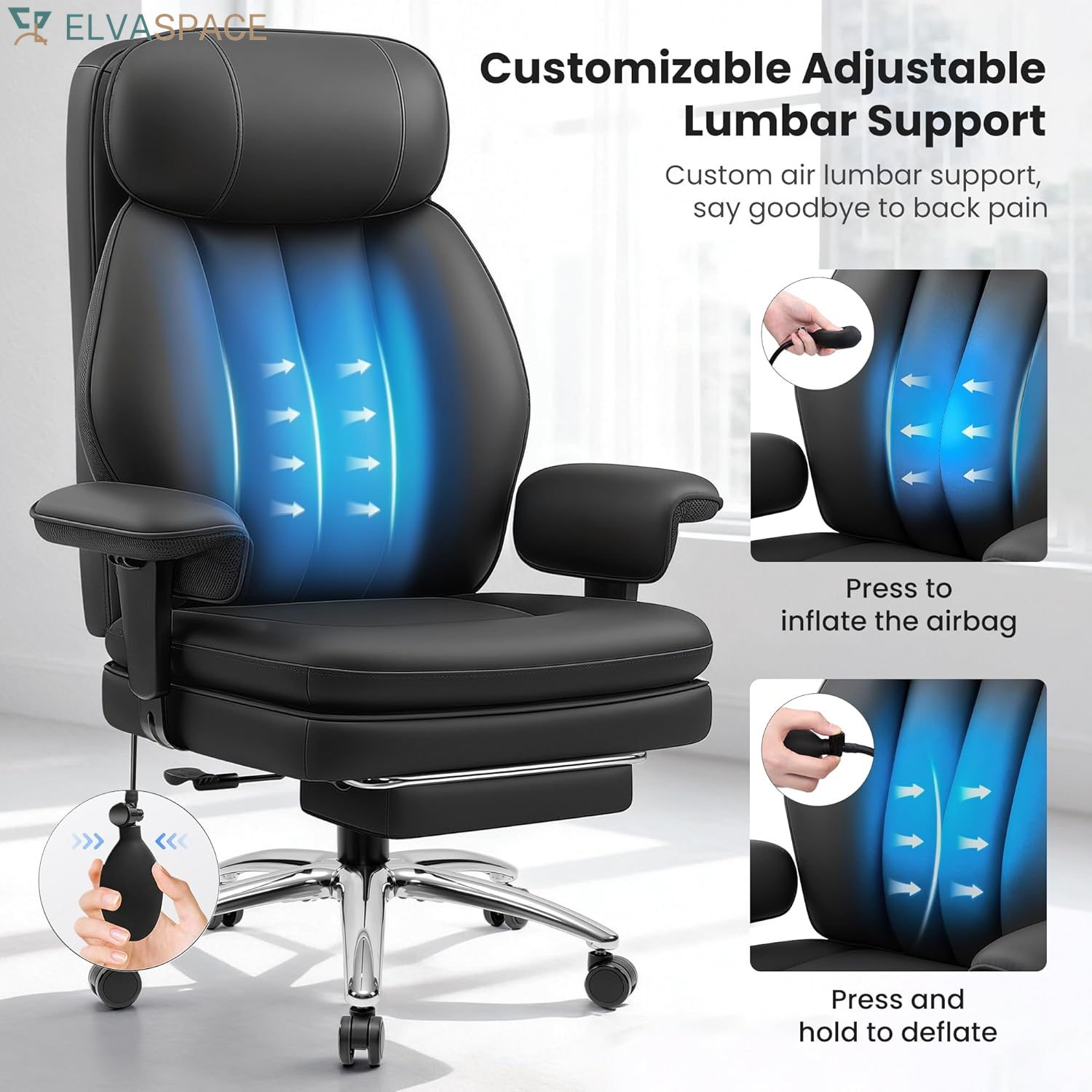 Big and Tall Office Chair with Lumbar Support, Executive Leather Computer Desk Chair, Heavy Duty Comfortable Gaming Chair with Double Layer Cushion & Footrest for Home Office Gaming
