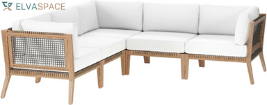 Clearwater Outdoor Patio Teak Wood 5-Piece Sectional Sofa in Gray White