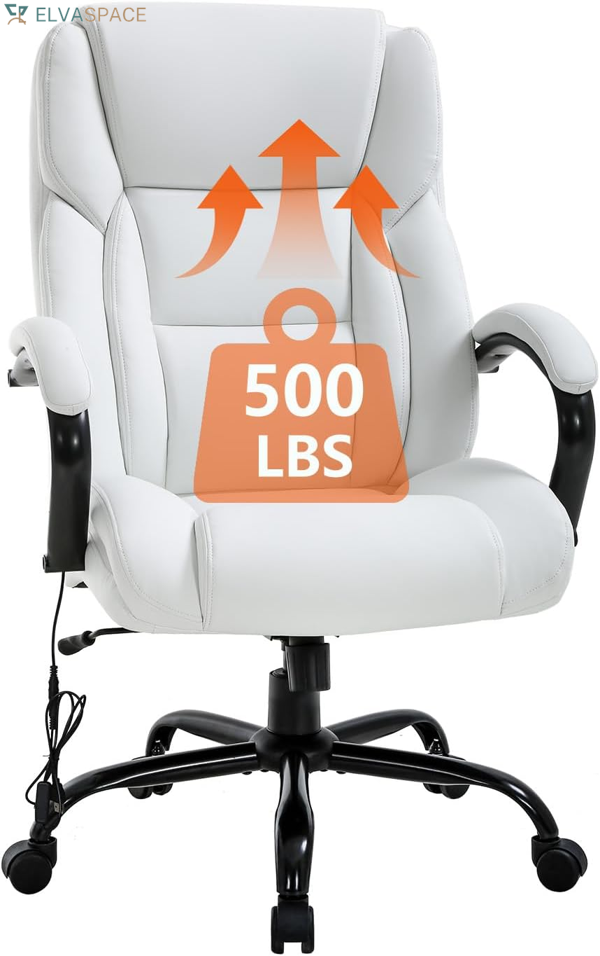 Big and Tall Office Chair 500Lb Wide Seat Massage Desk Chair Ergonomic Computer Chair with Headrest Lumbar Support Armrest Rolling Swivel Chair Adjustable PU Leather Task Chair for Adults Women(Brown)