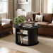 round Lift Top Coffee Table Fluted Drum Table Sliding Door, Black | Small Coffee Table with Fluted Sliding Door, Hidden Storage, Open Shelves, Small Center Table Dining Table for Living Room