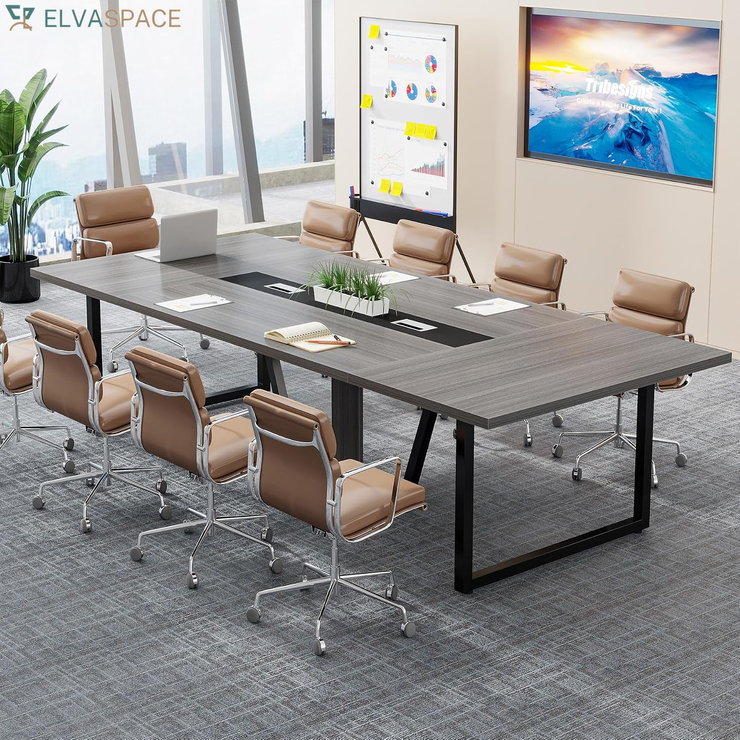 Tribesigns 8FT Conference Table, 94.49 L X 47.24 W X 29.53 H Inches Large Meeting Podcast Table for 10 People, Business Style Wooden Training Table with Strong Metal Frame for Office Conference