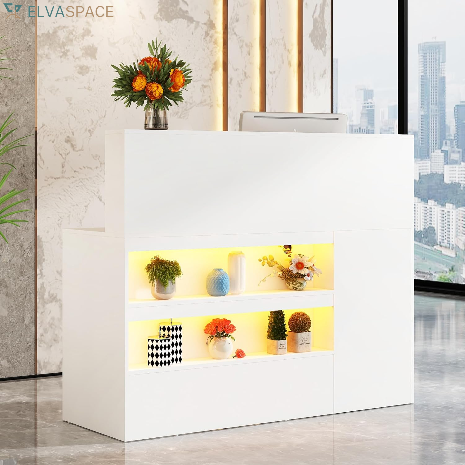 47" Reception Desk with LED Lights Power Outlets,L-Shaped Modern Front Table Reception Room Table with Cable Grommet,Lockable Drawers,Retail Checkout Counter for Lobby,Salon,Home Office Desk,White