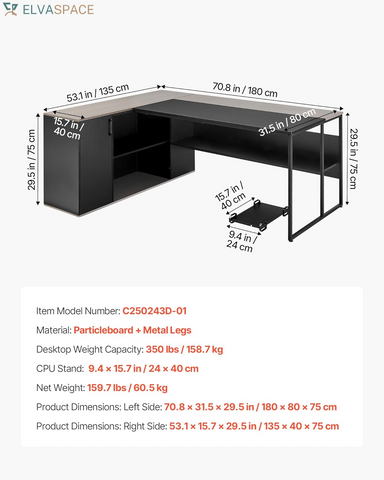 71" L-Shaped Executive Desk, Large Computer Desk with Drawers, File Storage Cabinet, CPU Stand, 350 LBS Load Capacity Corner Table, Easy Assembly, for Work Study