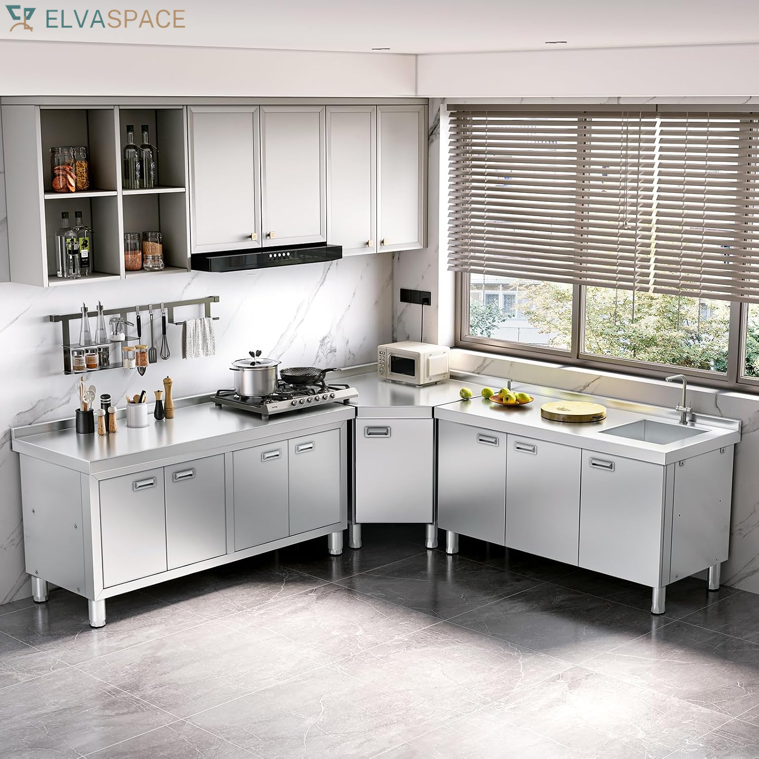 59" X 21" Stainless Steel Prep Table with Cabinet, Commercial Kitchen Table for Prep & Work, Heavy Duty Work Table with 4 Doors for Kitchen, Restaurant, Hotel, Garage and Cafe