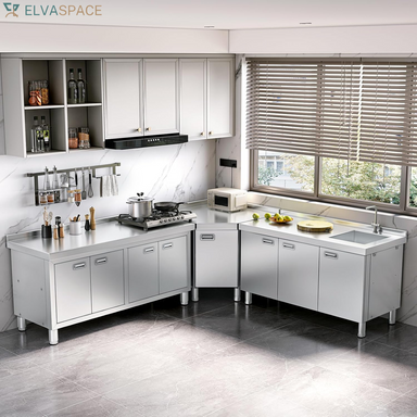59" X 21" Stainless Steel Prep Table with Cabinet, Commercial Kitchen Table for Prep & Work, Heavy Duty Work Table with 4 Doors for Kitchen, Restaurant, Hotel, Garage and Cafe